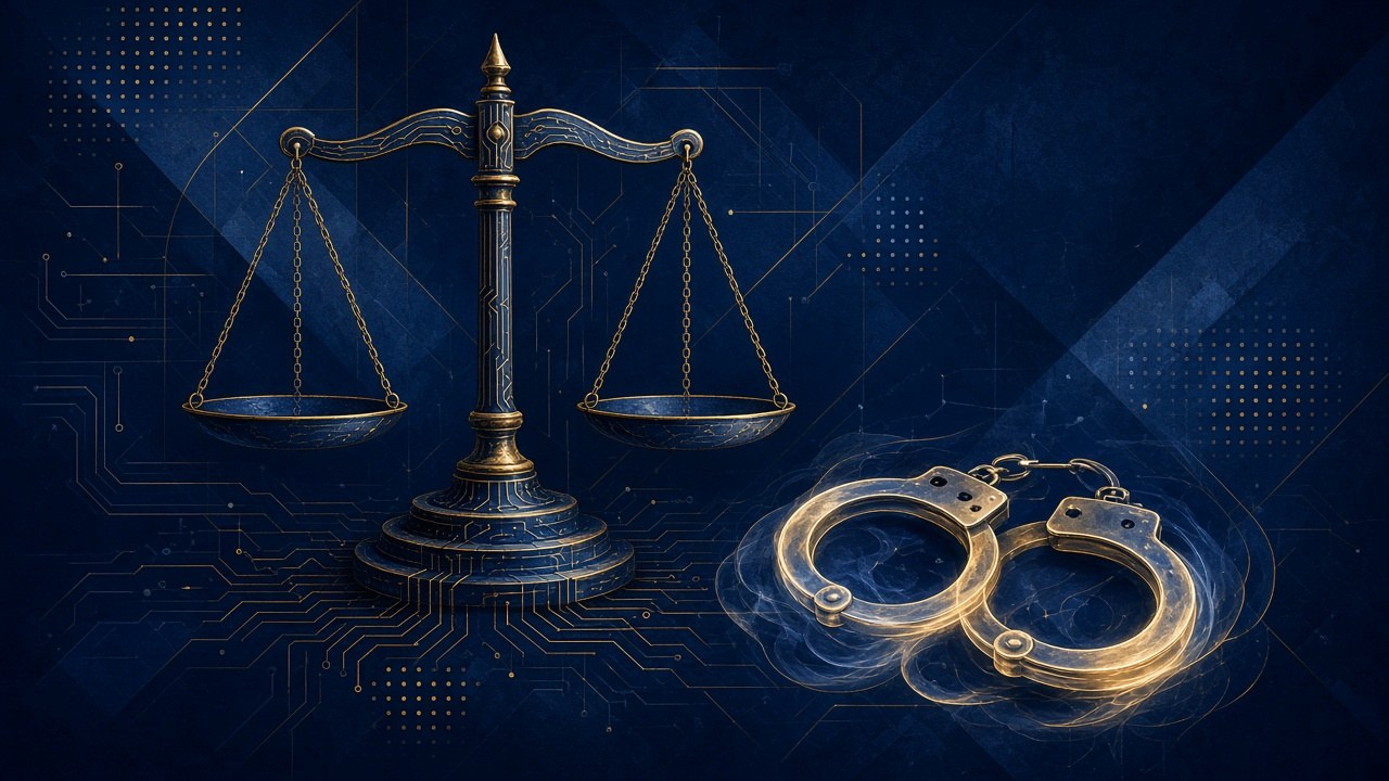 Legal scales with circuit patterns and handcuffs