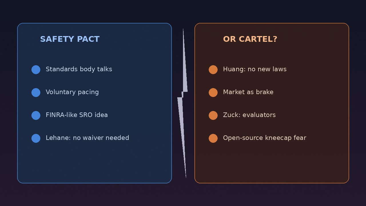 Split panel labeled safety pact versus cartel