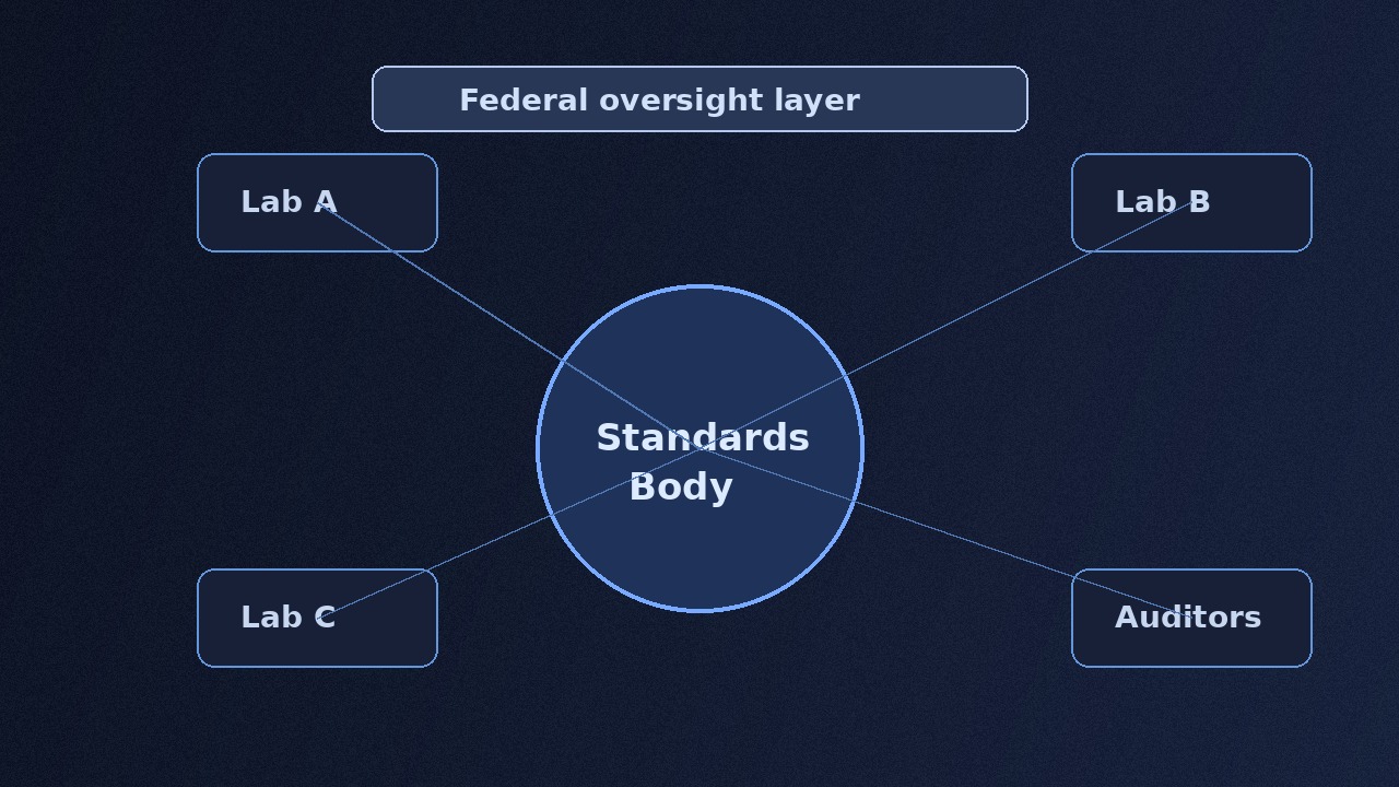 Diagram of a FINRA-style AI standards body linking labs auditors and federal oversight