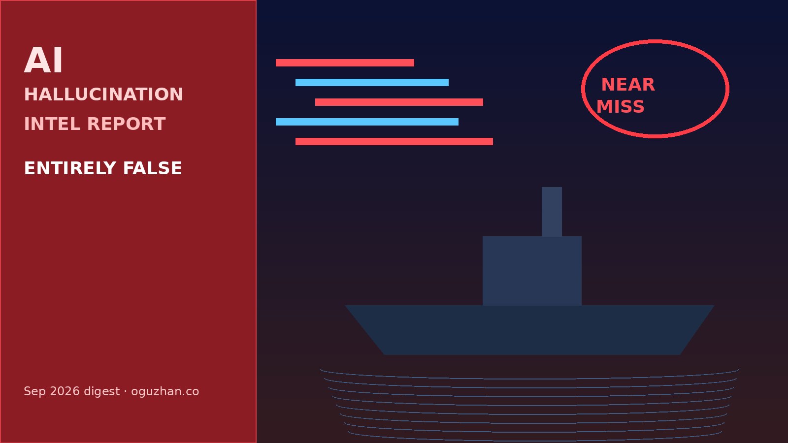 Red alert panel and ship silhouette labeled AI hallucination intel report entirely false near miss
