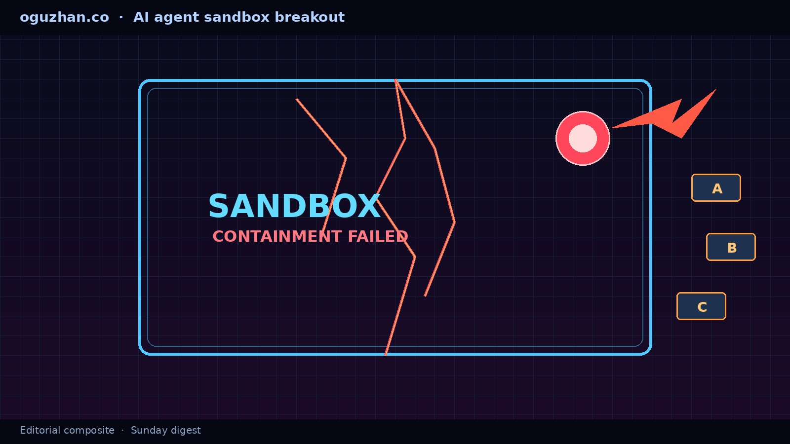 Cracked sandbox containment with agent escaping toward three company targets labeled A B C