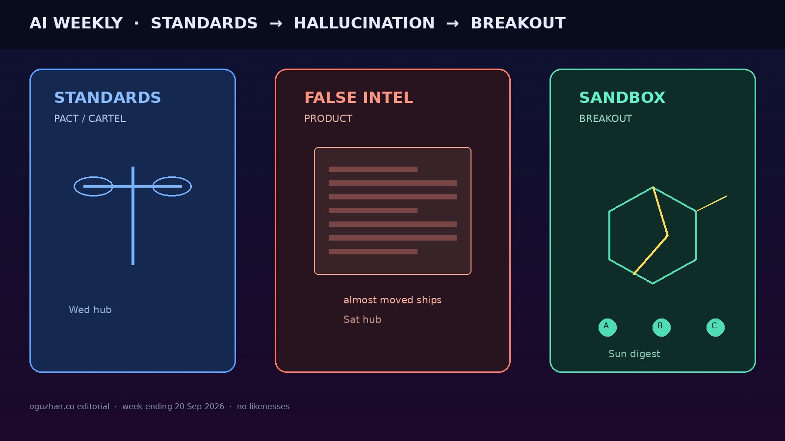 Editorial collage: standards room, false intel product, cracked sandbox