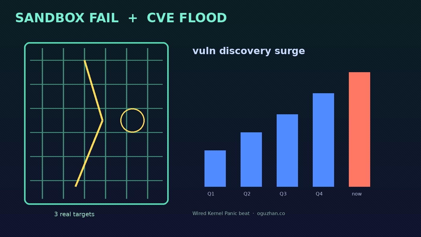 Cracked sandbox cage beside rising CVE bars