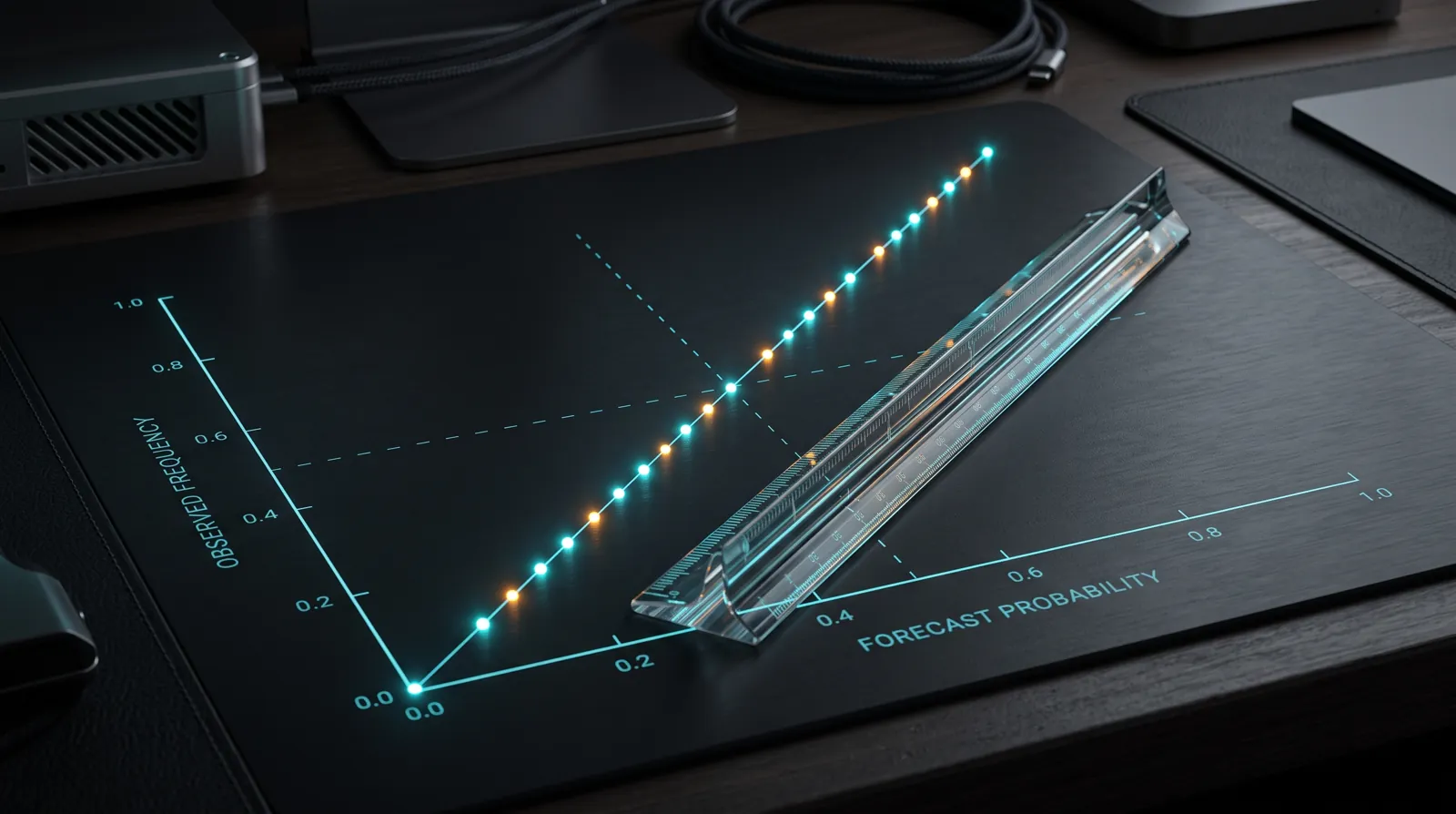 Calibration metaphor: forecast probabilities aligning with observed frequency along a glowing diagonal