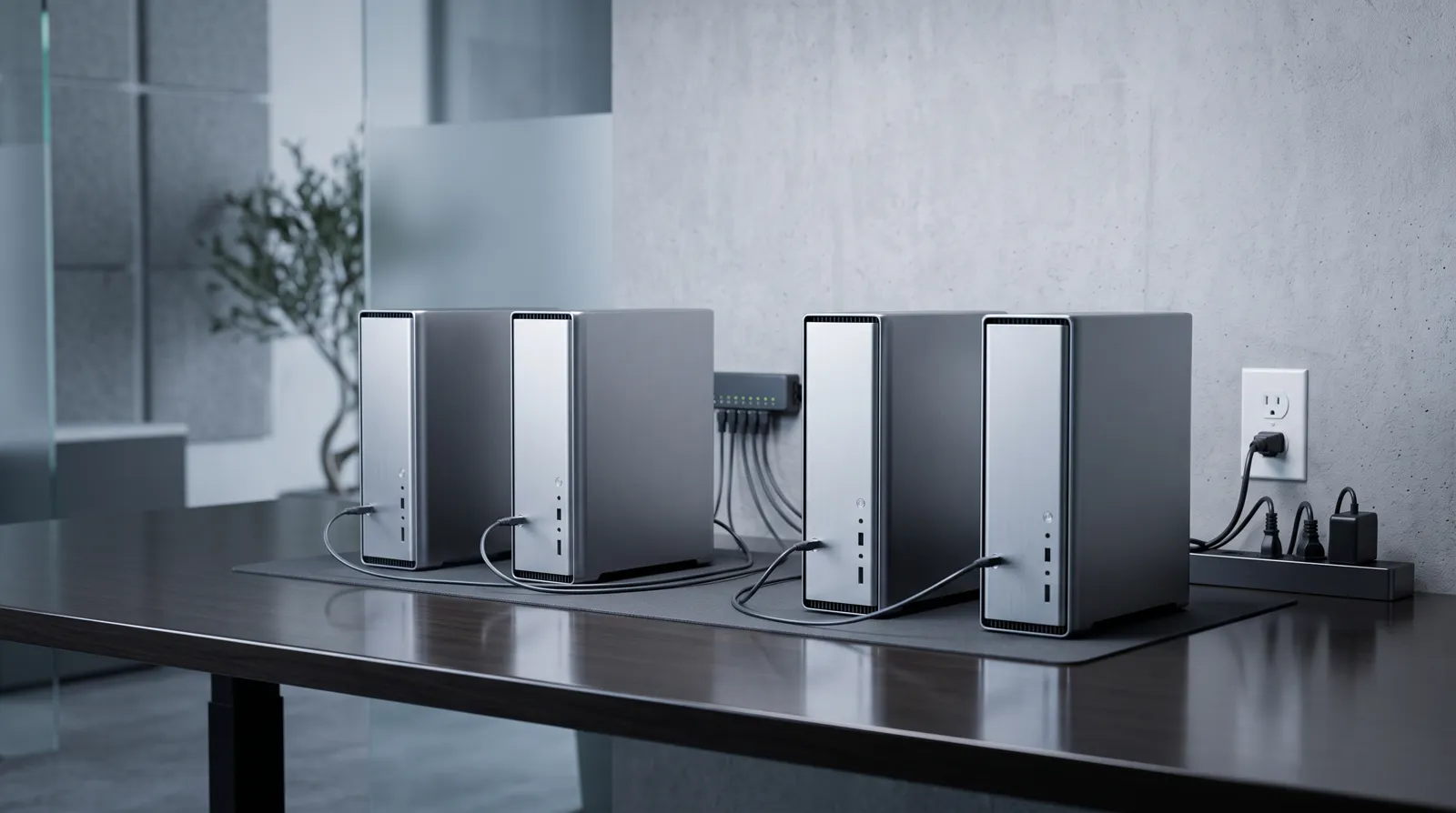 Four anonymous desktop towers networked on one desk from a single outlet