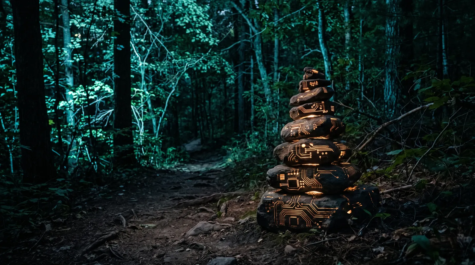 Trail cairn with circuit glow: CAIRN cognitive artifact hunting metaphor