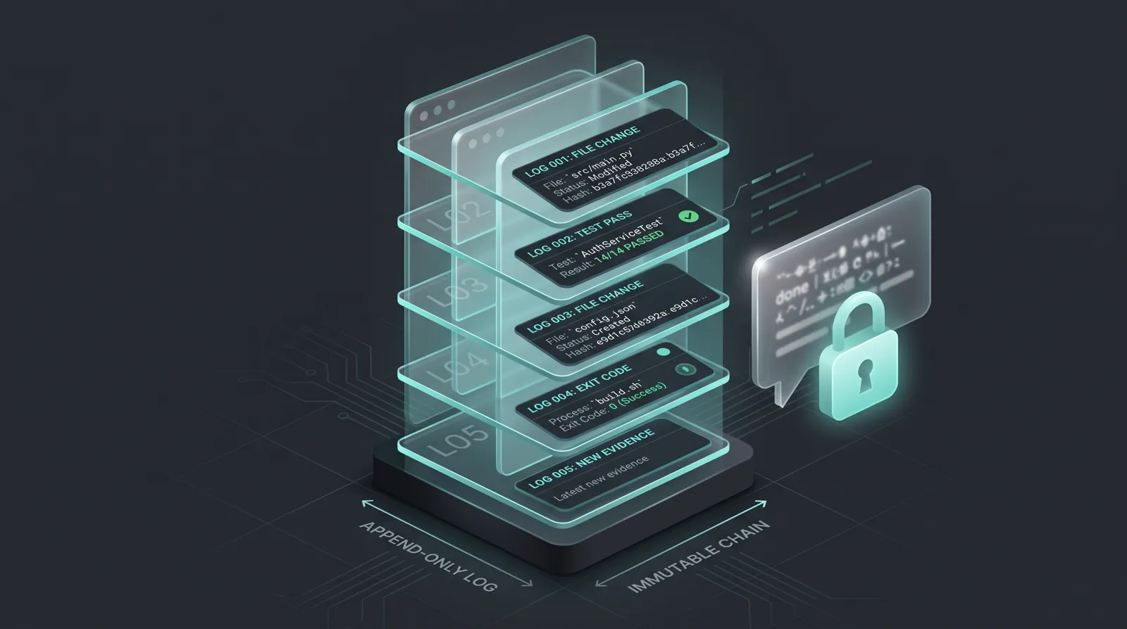 Append-only evidence ledger cards with a soft lock blocking an unsupported done claim