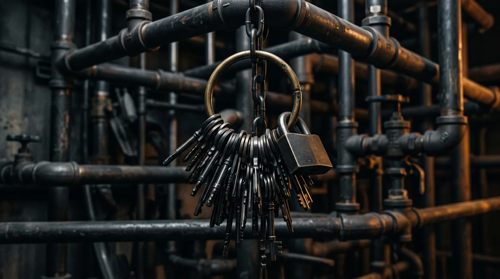 Overloaded permission keyring with one closed human padlock