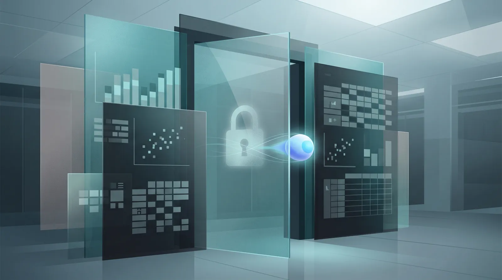 Abstract glass doorway with layered translucent statistics sheets and a glowing probe slipping past a lock glyph