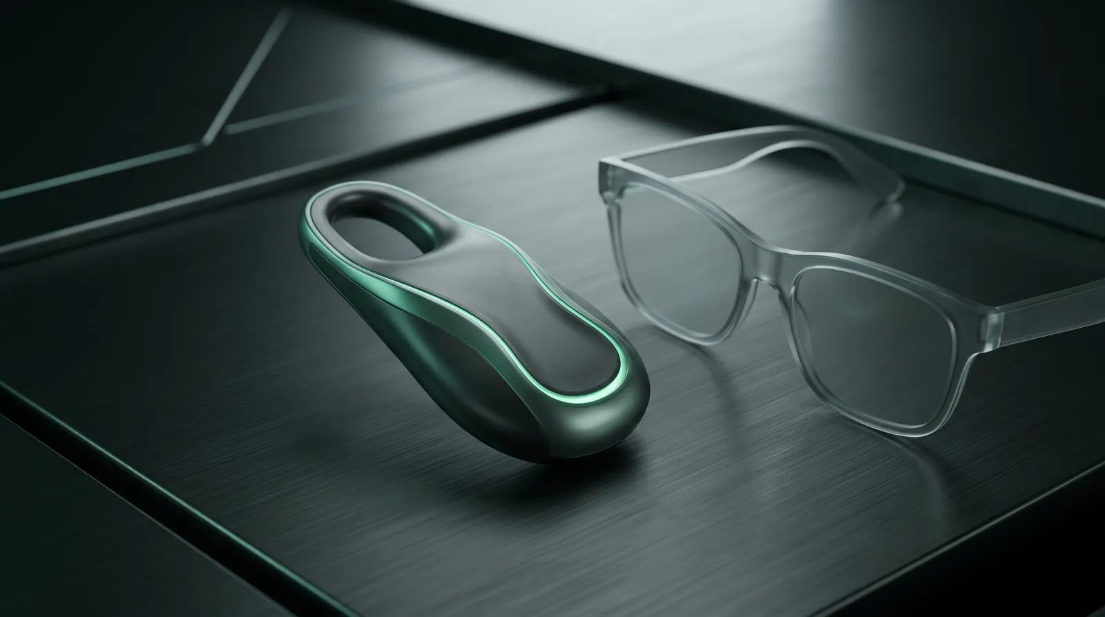 Pocket-sized AI pendant beside translucent smart-glasses silhouette on brushed metal