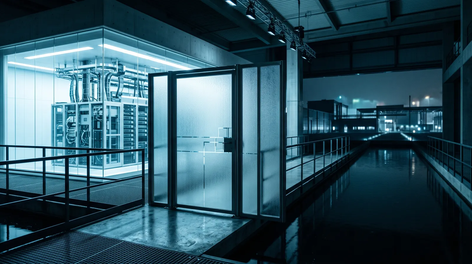 Frosted glass security checkpoint between a luminous AI model core vault and a distant testing lab silhouette