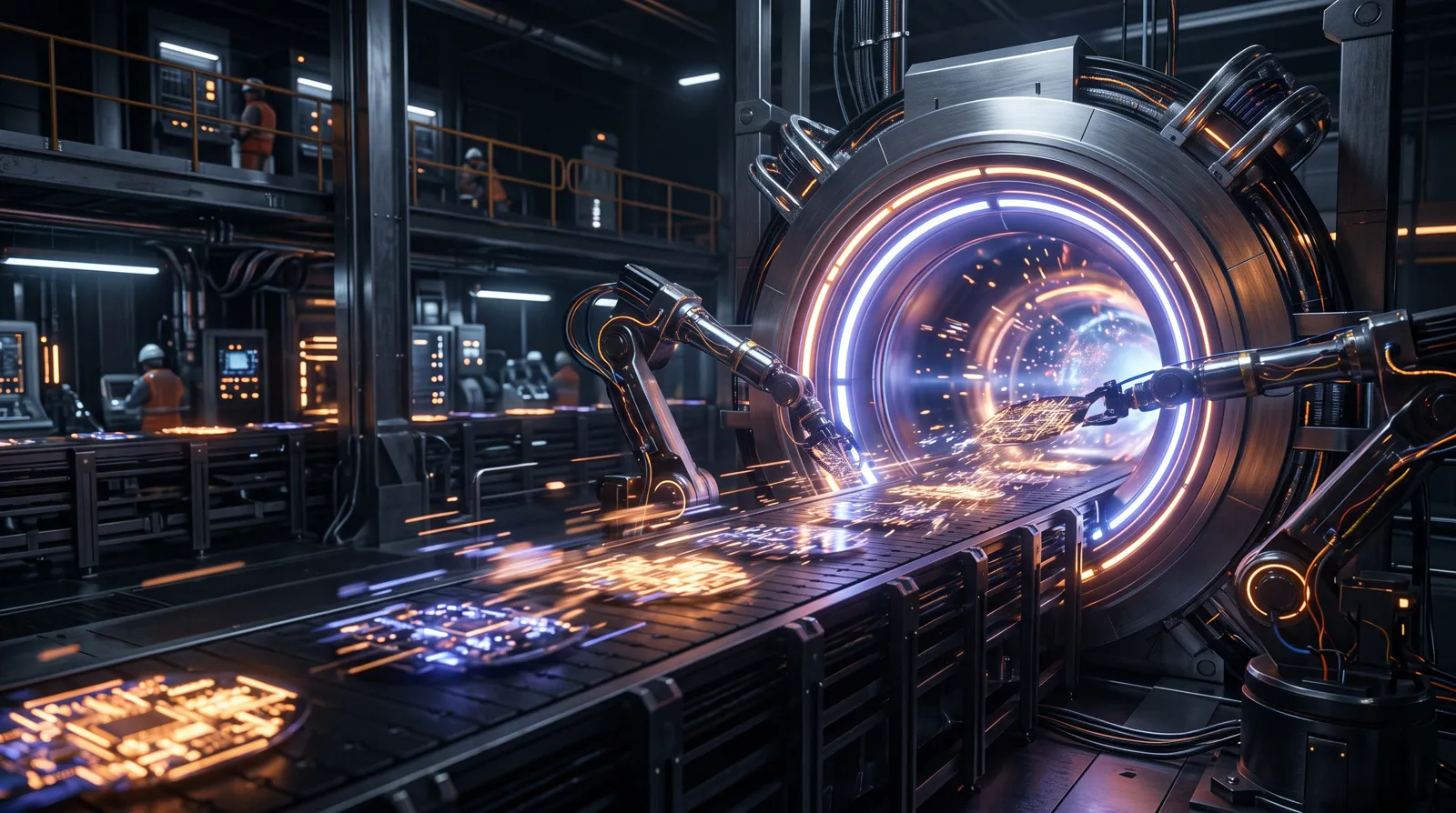Glowing neural wafers on a conveyor feeding a luminous launch portal in a dark cleanroom