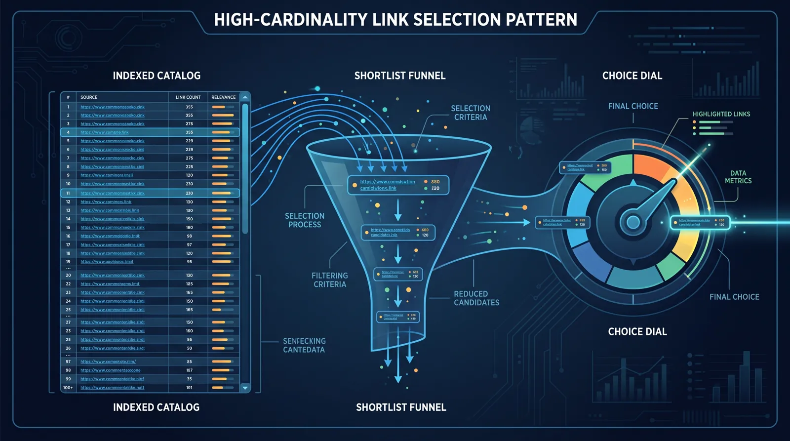 Diagram: indexed high-cardinality link table funnels to a shortlist then a Choice dial for one hop