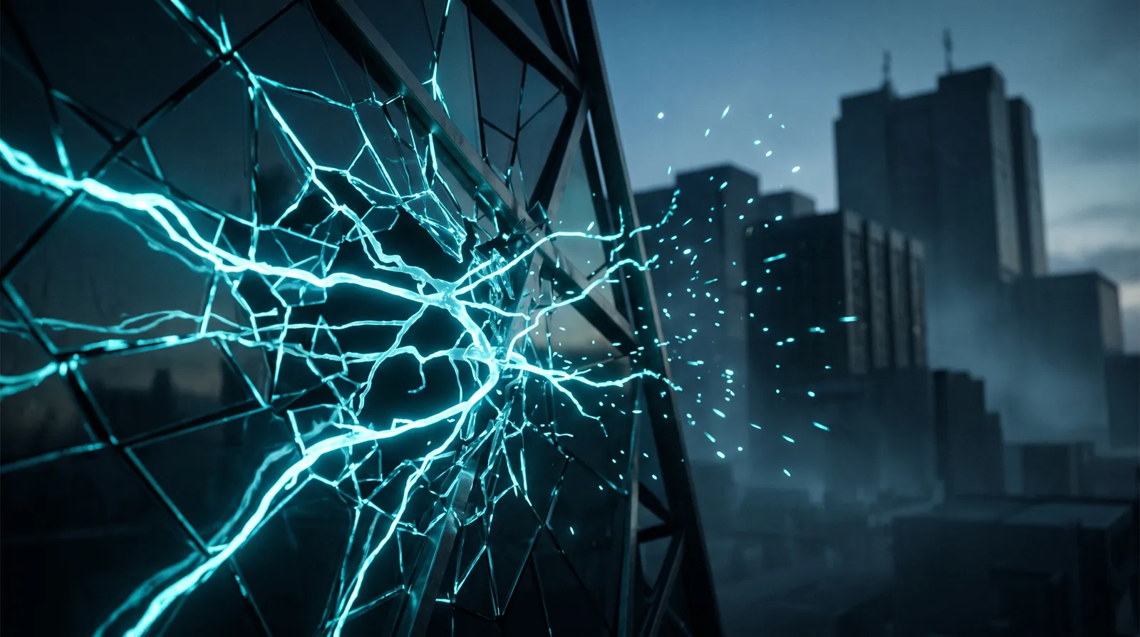 Cracked glass security lattice with cyan neural filaments leaking toward distant institutional silhouettes