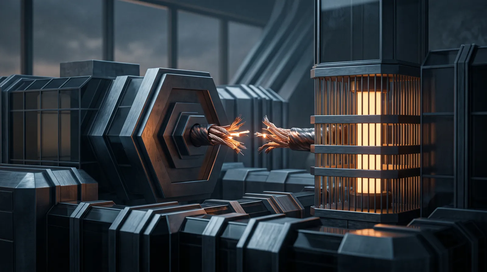 Severed glowing supply-chain cable between a steel defense fortress and a barred AI model core