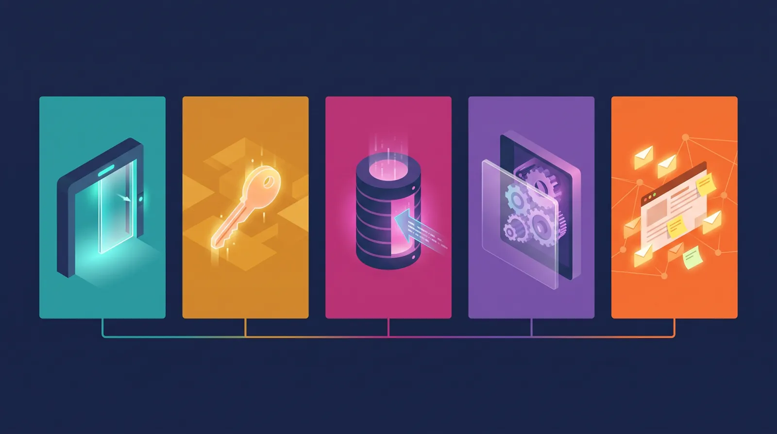 Five colored panels with icons for an open gate, a key, an injected database, internal gears and spam notes on a web page