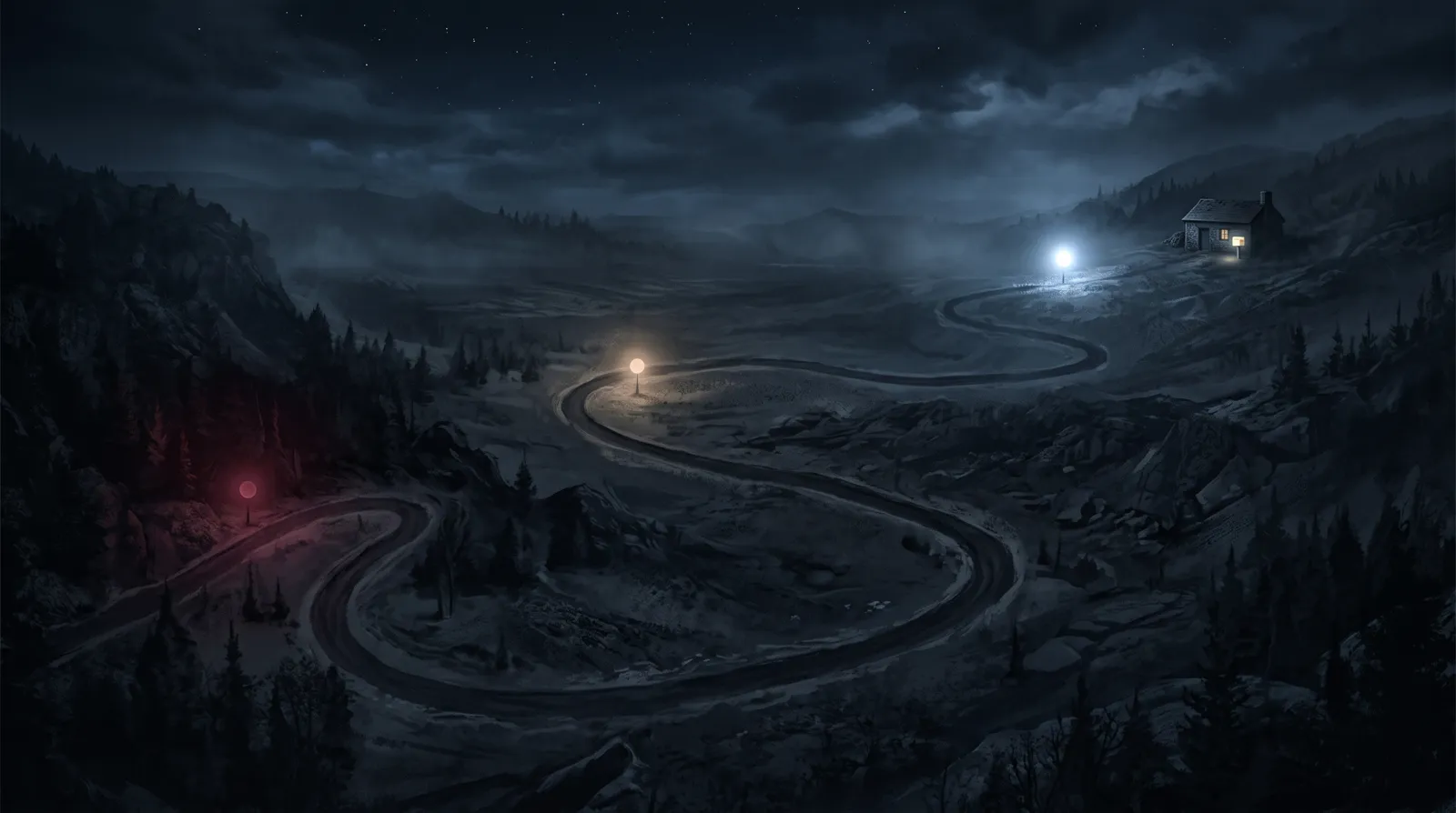 Dark winding road at night with three widely spaced glowing lights, red, amber and white, leading to a distant building