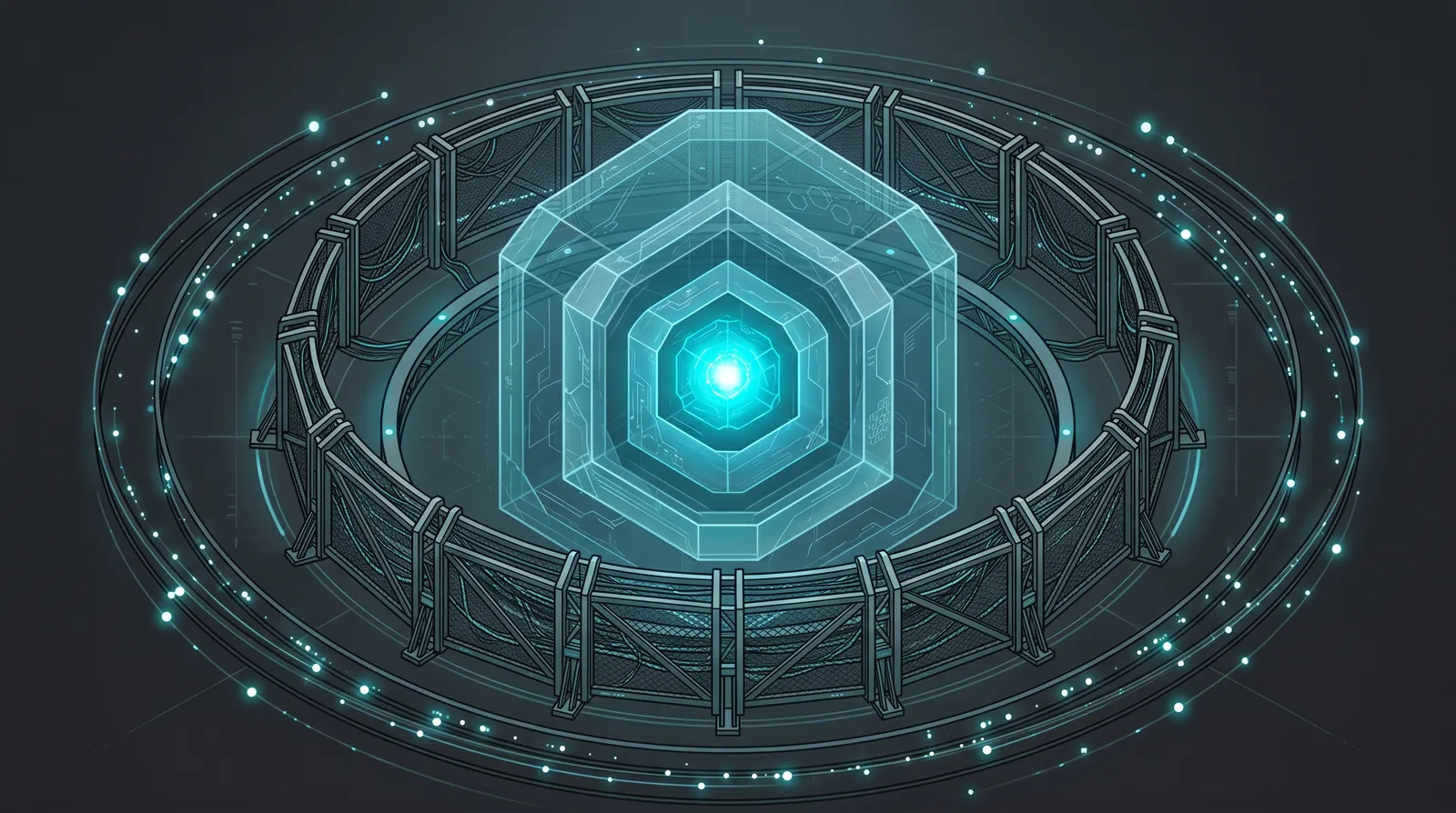 Glowing cyan core inside nested translucent shells, surrounded by a metal fence ring and orbiting monitoring lights