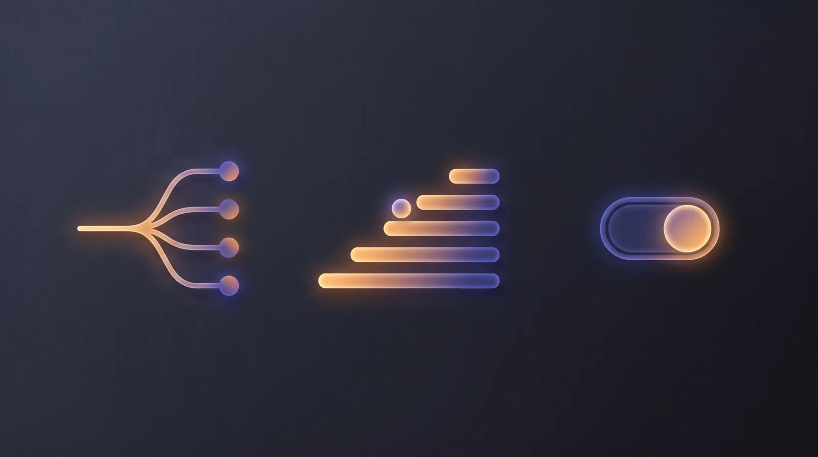 Three glowing shapes: a four-way branch, an ordered stack of bars, and a toggle switch