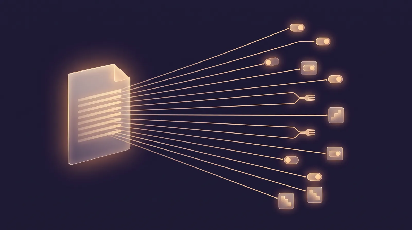 One glowing document sending thirteen parallel beams to small question cards