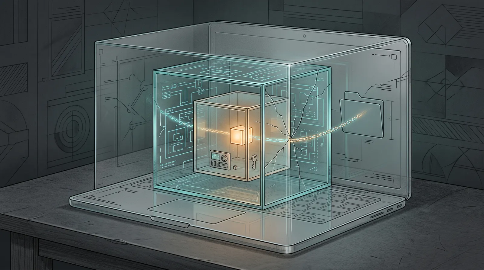 Nested glass boxes on a laptop: a glowing agent cube inside a hypervisor box, a crack running toward a host folder, and a key hanging inside the innermost box