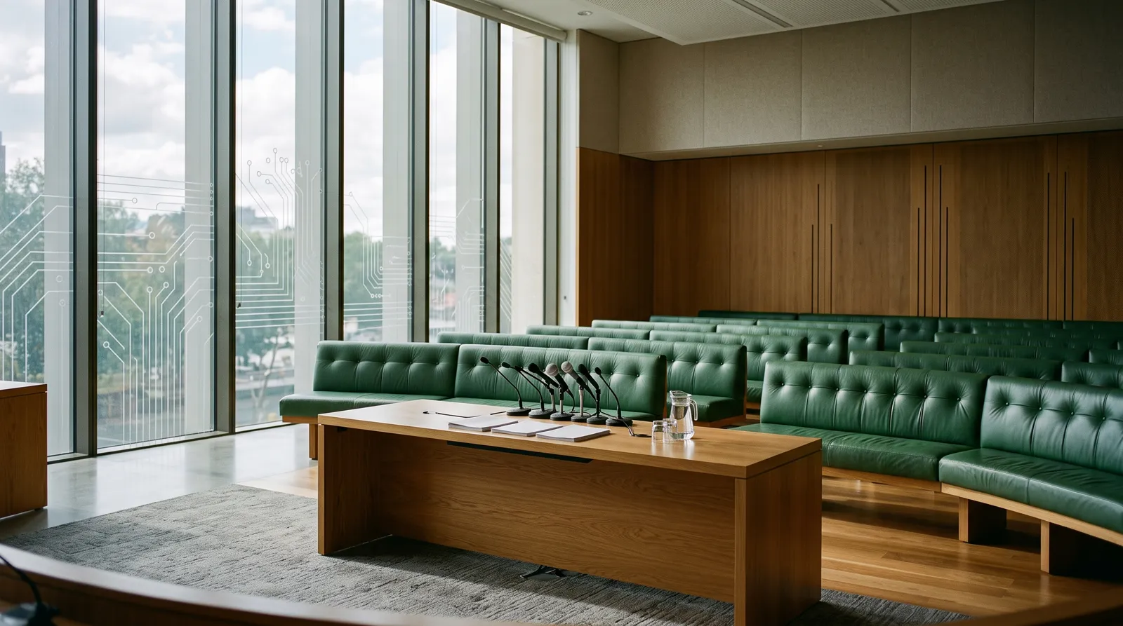 Empty modern hearing room with green benches and a microphone cluster under soft daylight