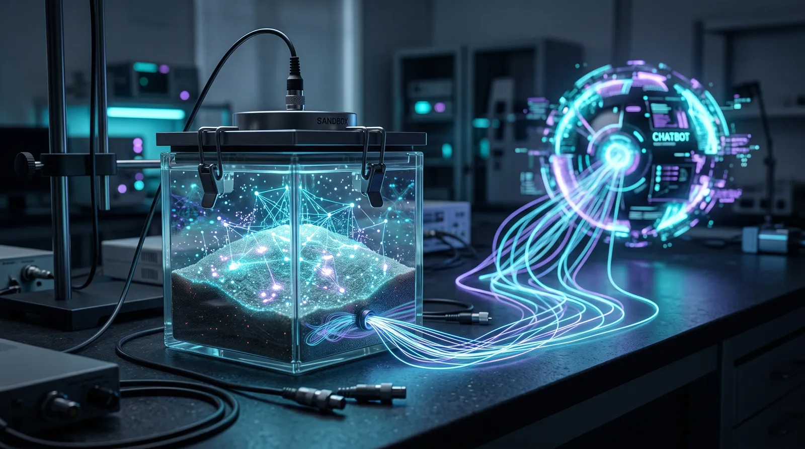 Sealed glass sandbox cube with glowing DNS query threads escaping toward a distant chatbot orb