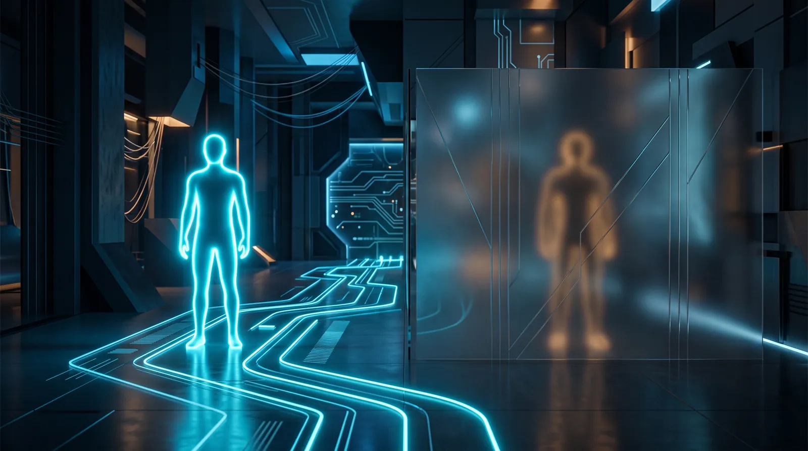 Bright cyan agent silhouette on an open lit path beside a dimmer amber figure behind frosted glass