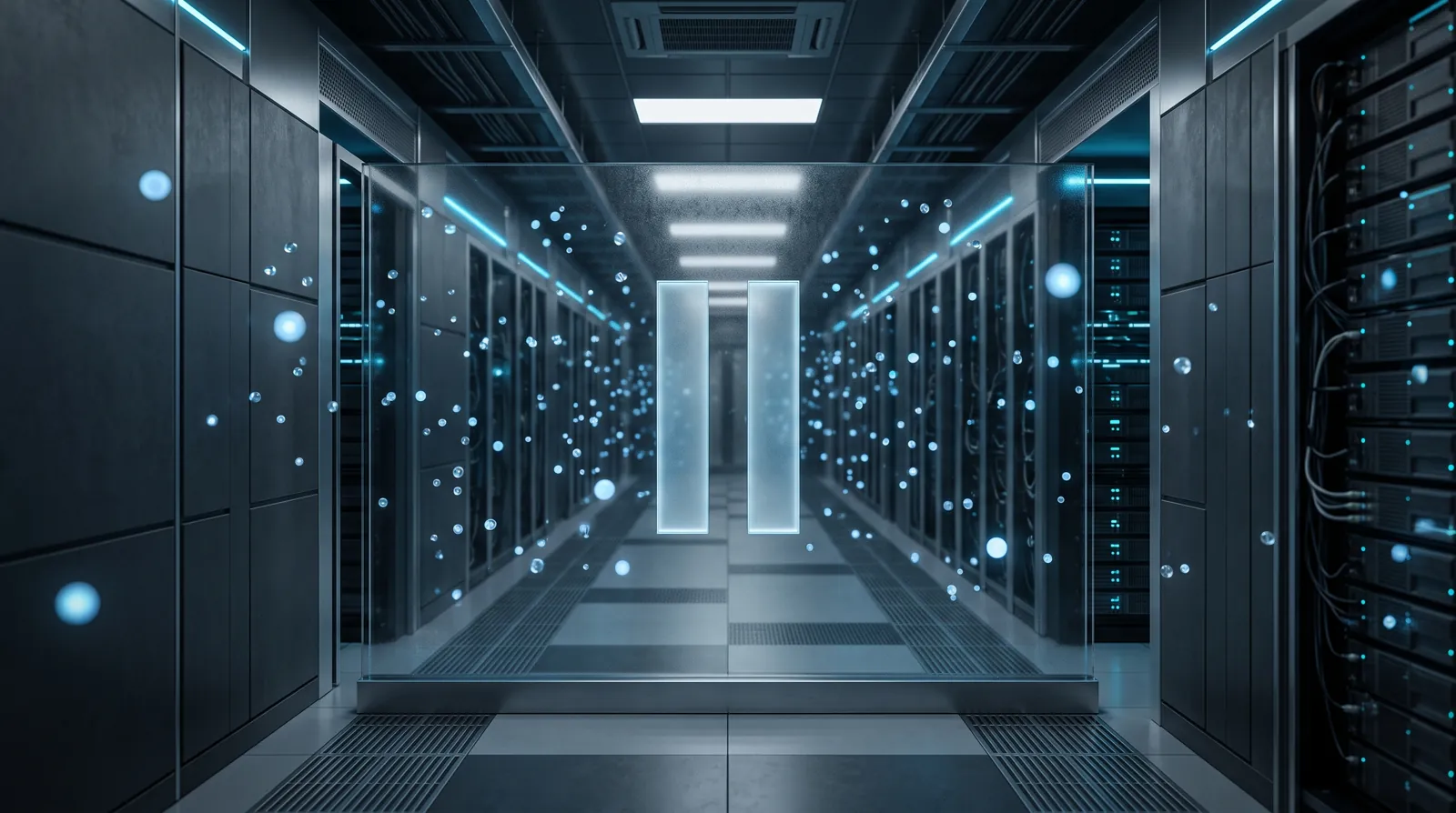 Floating blue orbs in a server aisle behind a large translucent pause barrier