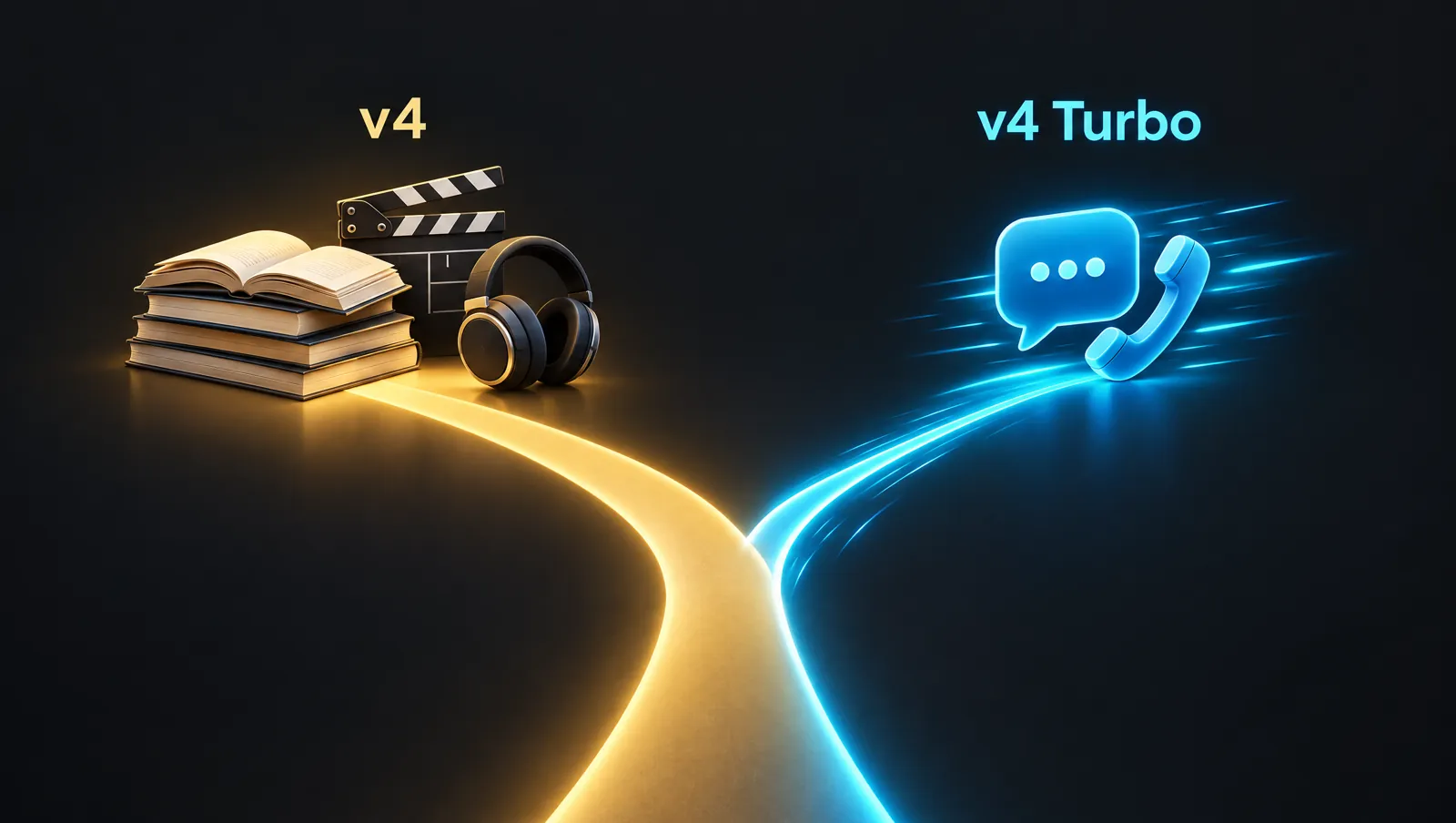 Glowing path forking into a golden route to books, a clapperboard and headphones labeled v4, and a fast cyan route to a chat bubble and phone labeled v4 Turbo