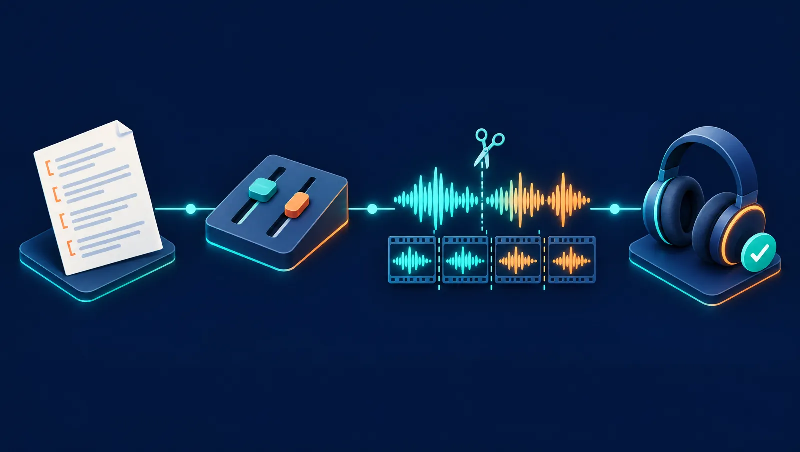 Four-step workflow illustration: a tagged script, a two-slider console, a waveform cut into segments, and headphones with a checkmark