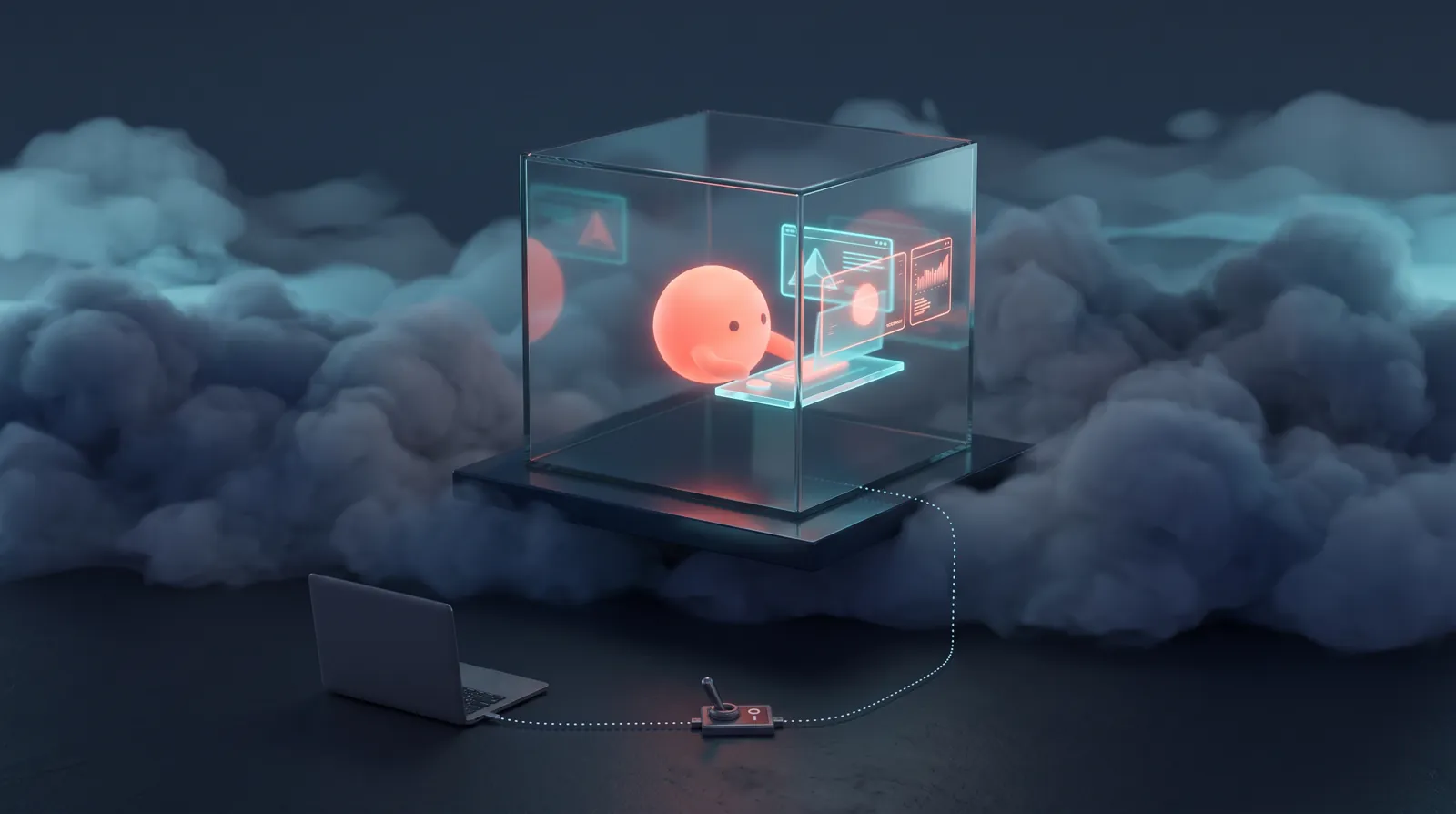 Faceless coral orb working inside its own glass cube in the clouds, with a separate laptop below connected by a dotted line through a switch