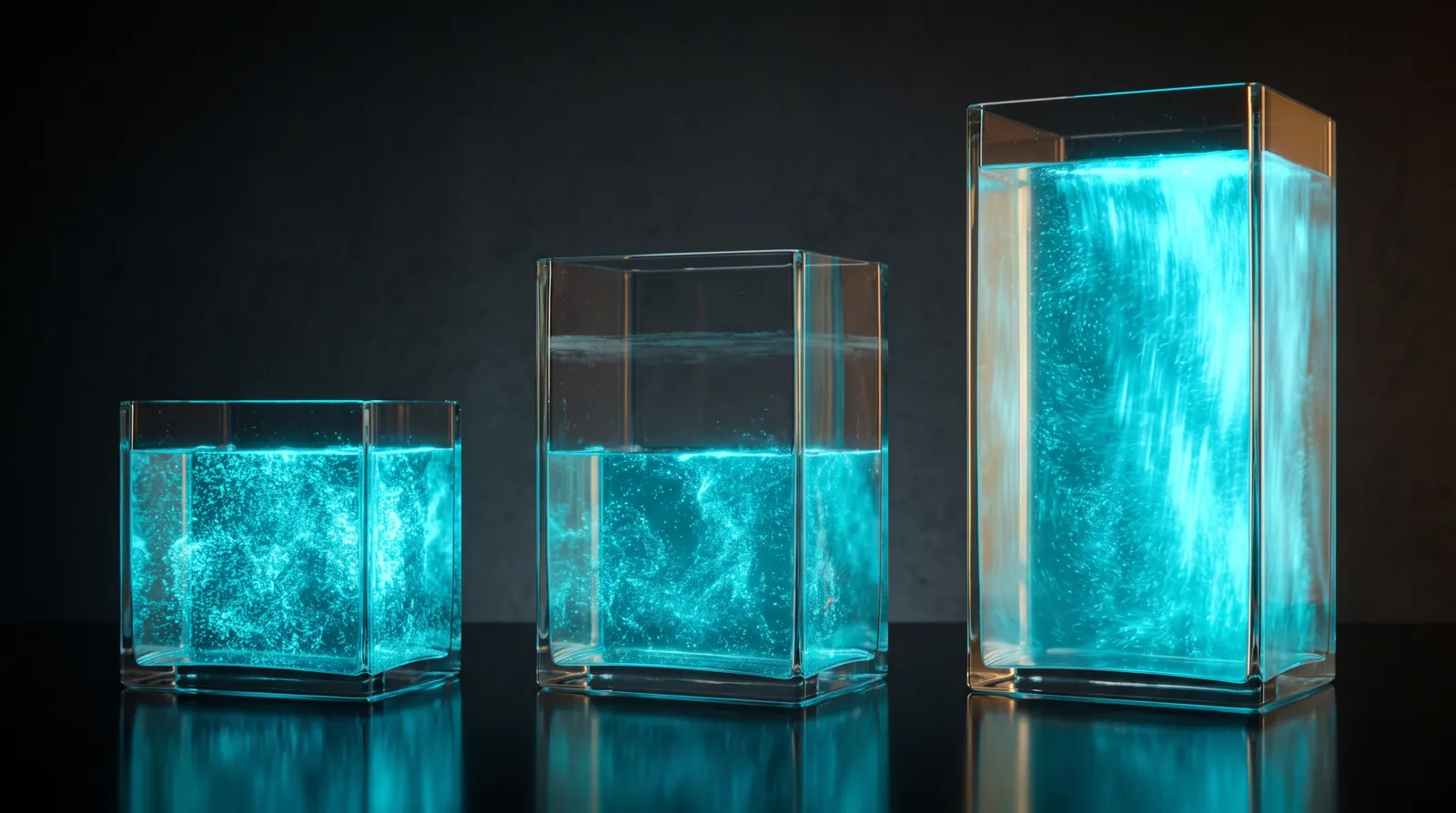 Three glowing glass tanks of rising size, the middle one drained to half below its old fill line