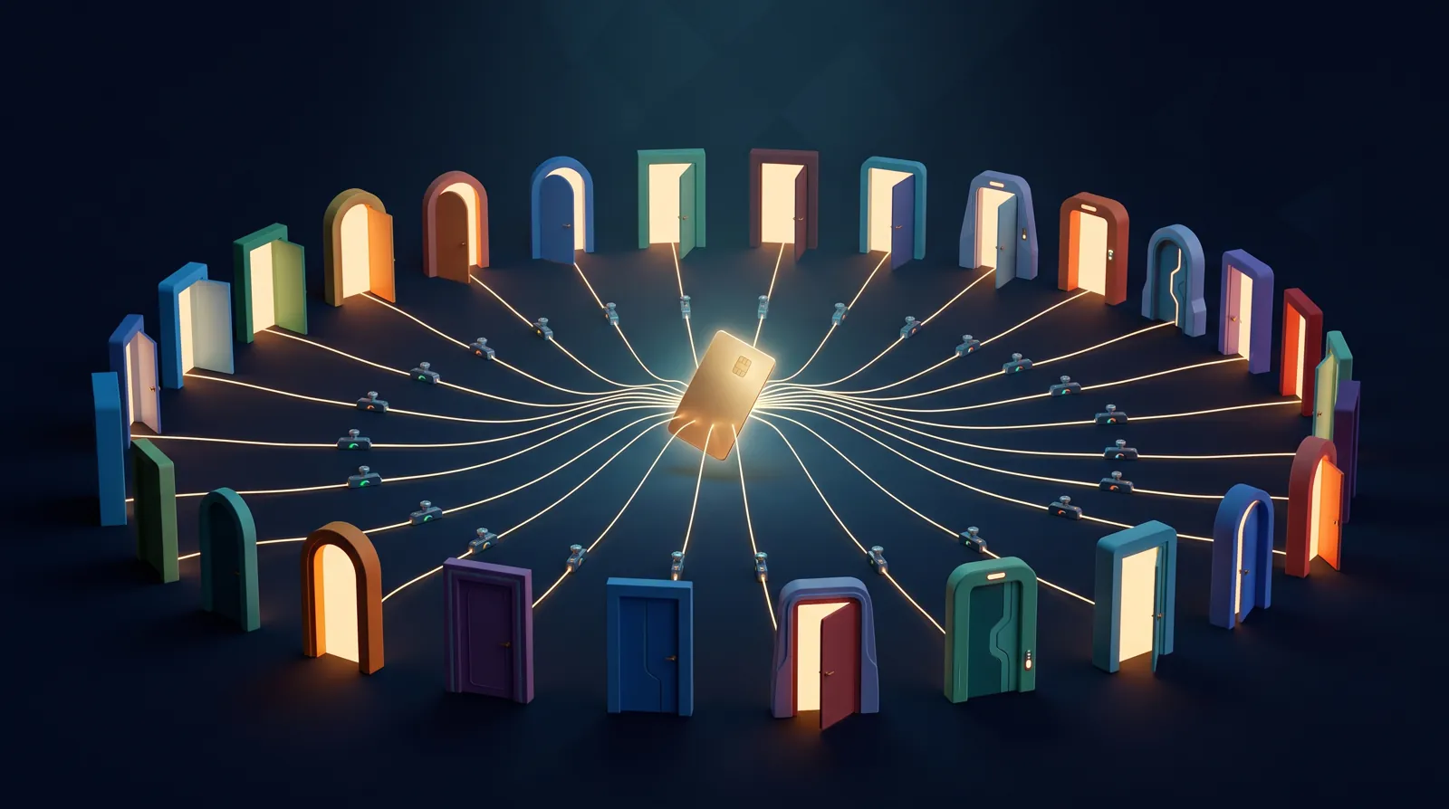 Golden key card in the center with glowing threads, each with a small valve, running to a ring of open colored doors