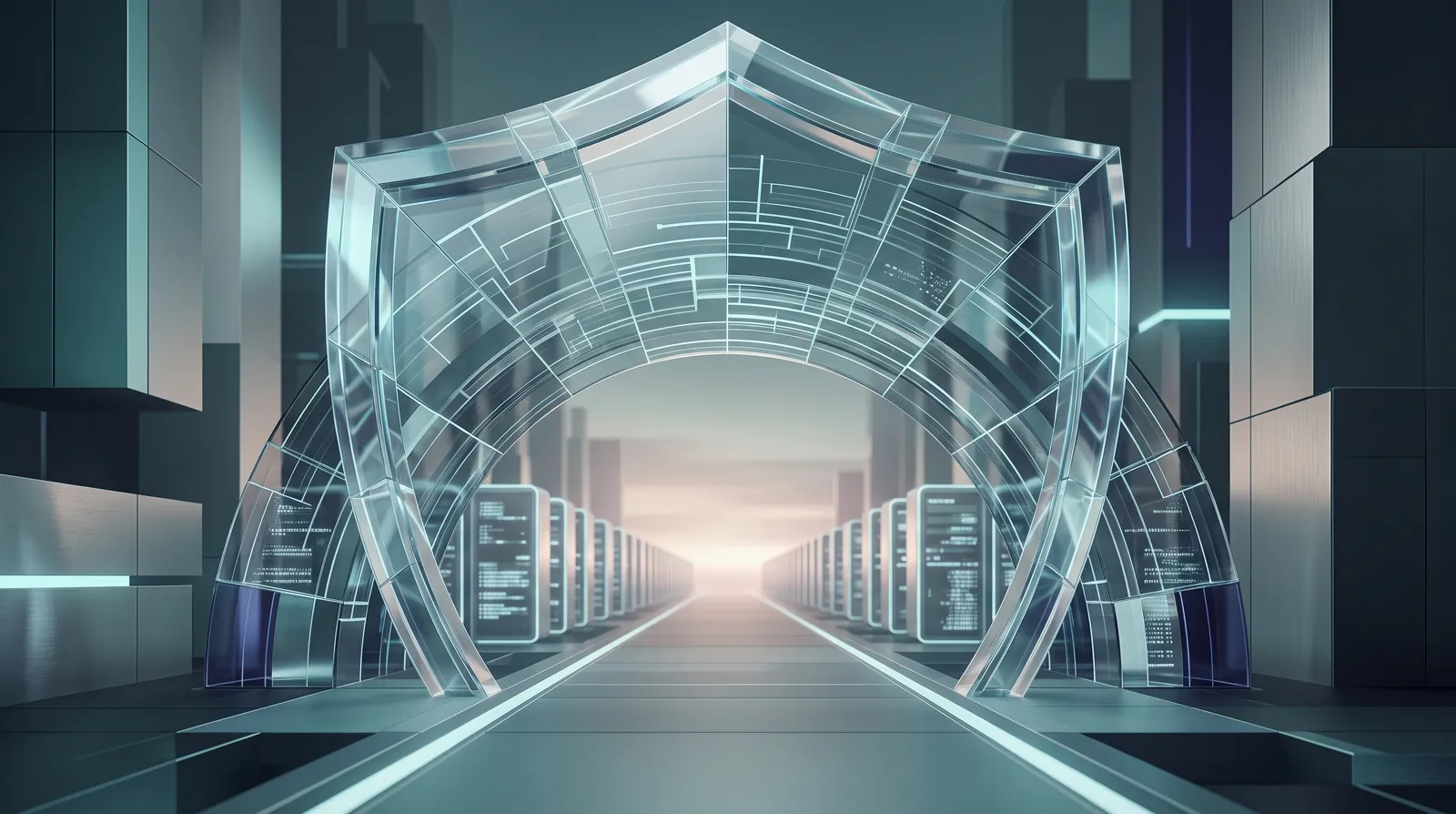 Crystalline shield arch spanning a long corridor of glowing compute racks, suggesting gated access to frontier AI