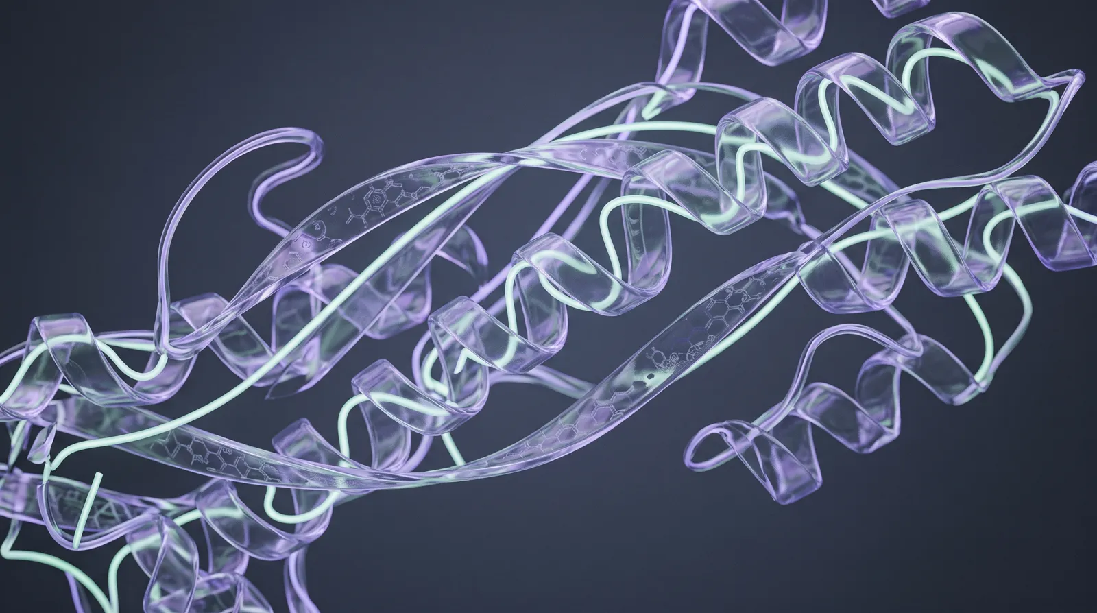 Abstract glass protein ribbon with a faint molecular lattice woven through the fold, suggesting scientific watermarking