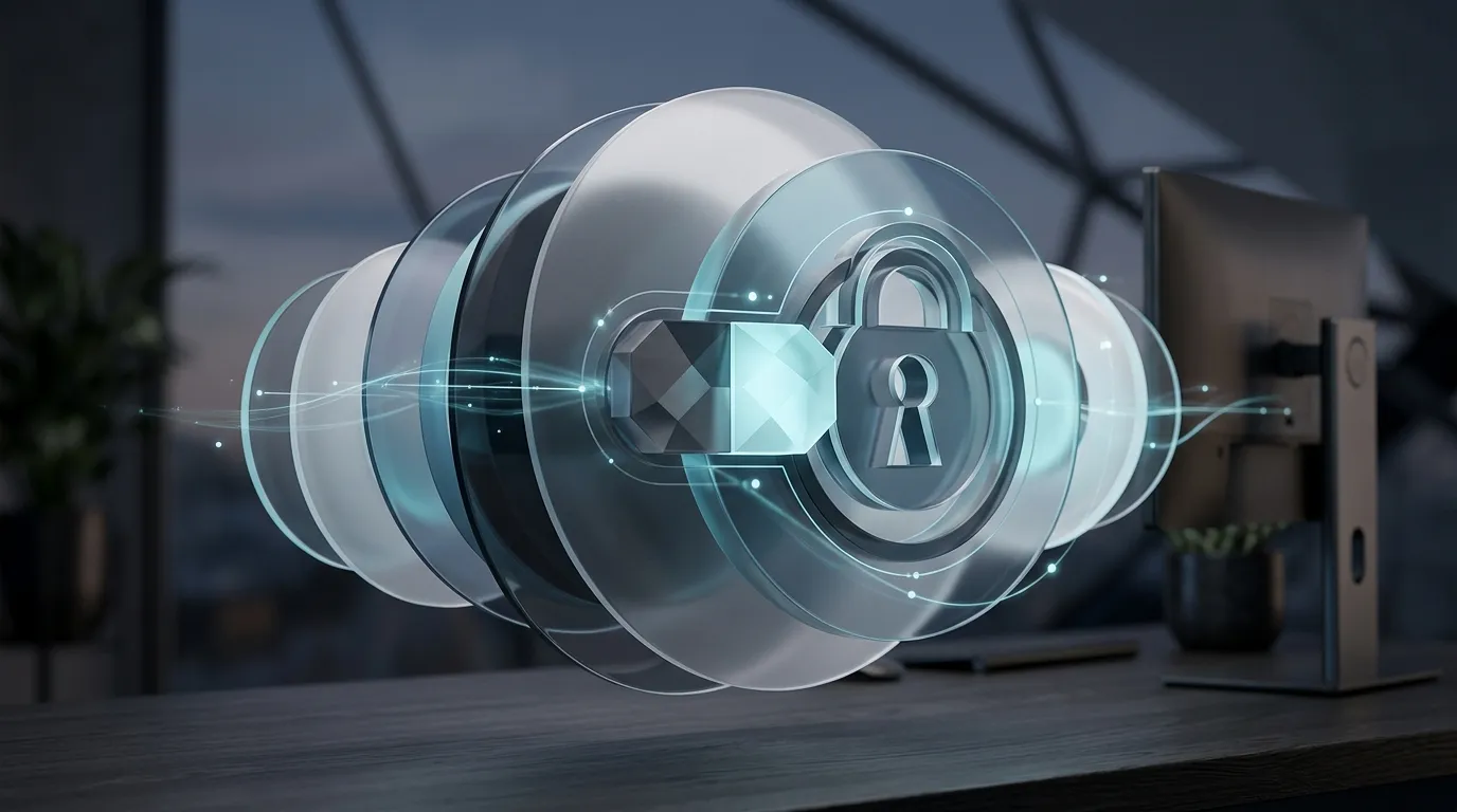 Stacked translucent glass discs with a padlock and keyhole at the center, floating above a desk beside a monitor