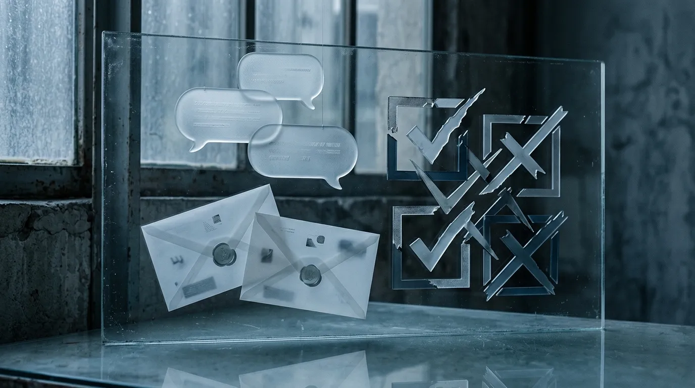 Frosted chat bubbles and sealed envelopes behind a glass pane etched with conflicting check marks and crosses