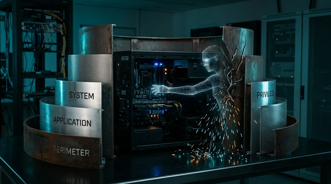 Wireframe agent figure reaching into an open computer through a cracked privilege ring, surrounded by system, application and perimeter walls