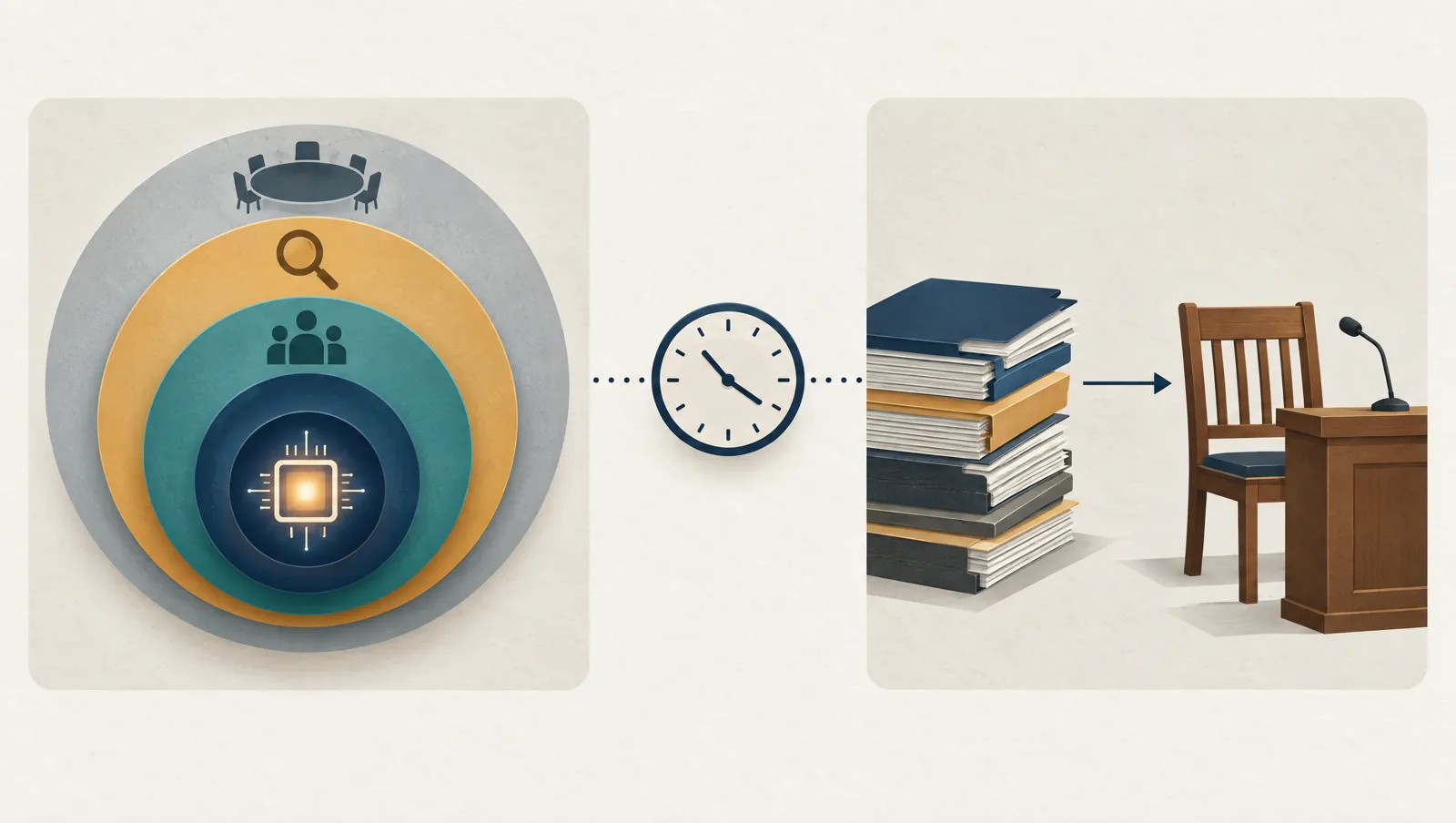 Two-panel illustration: four nested oversight rings around an AI chip on the left, a stack of case files moving toward an empty witness chair on the right, joined by a clock