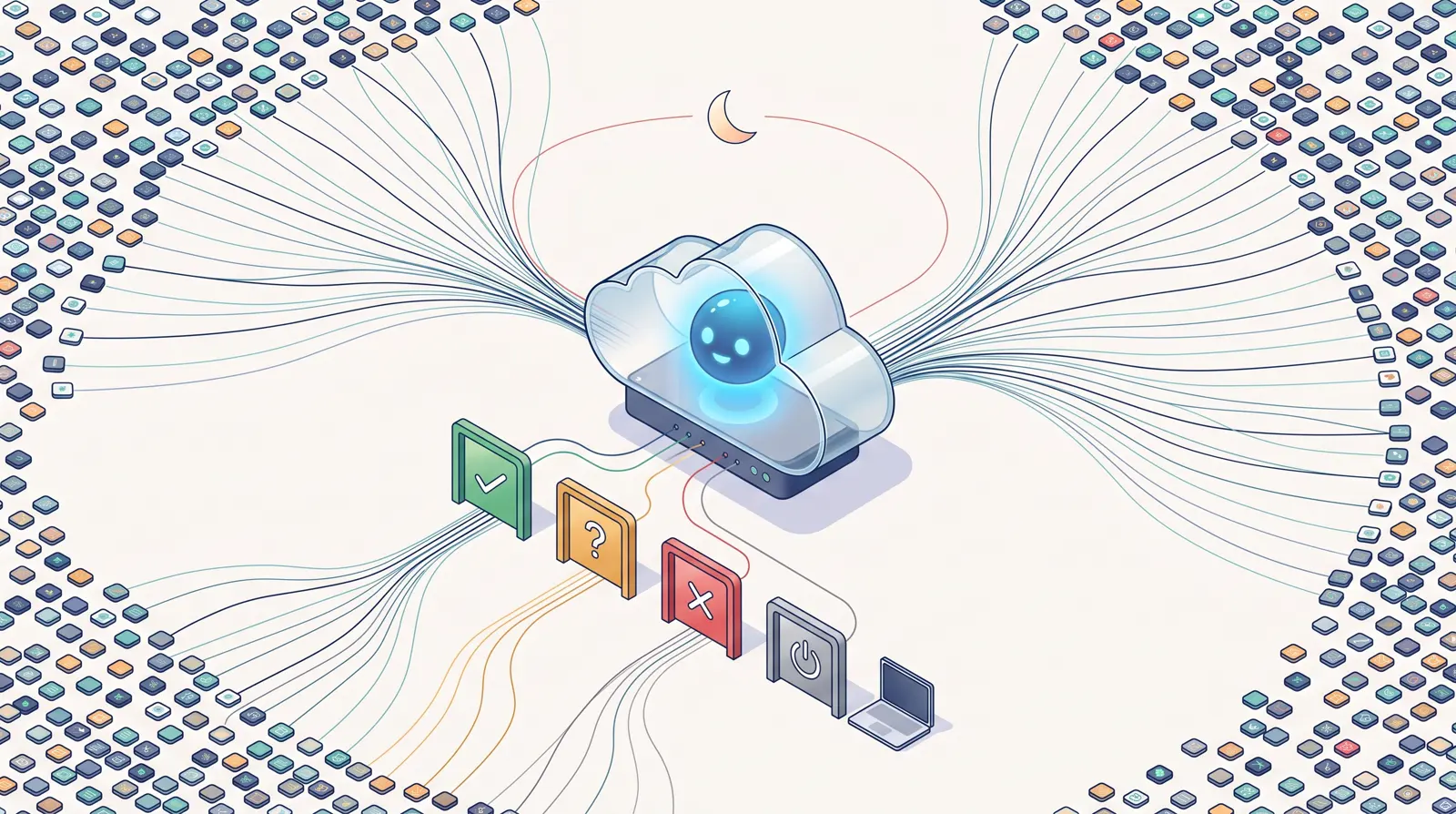 Isometric illustration of a cloud computer with a glowing agent inside, thousands of app connections funneling into allow, ask, deny and personal-computer-off gates