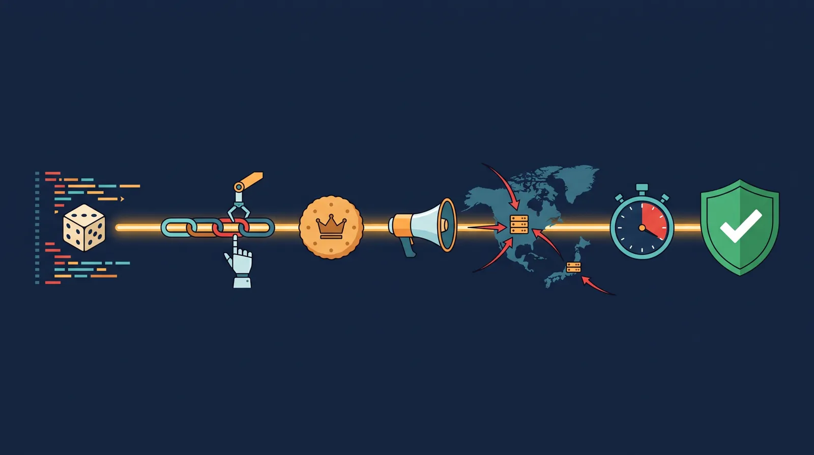 Timeline diagram: code with a dice icon, a chain assembled by a robotic hand, a forged crown cookie, a megaphone, attack arrows on servers in North America and Japan, a stopwatch and a green shield