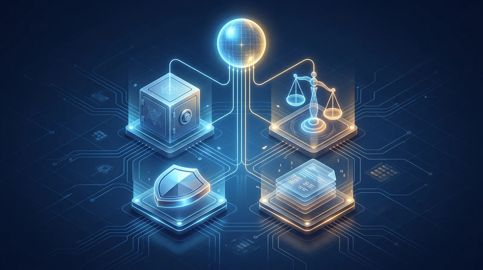 Four glowing nodes, a vault, scales, a shield and a stack of files, wired up to one central sphere like an org chart