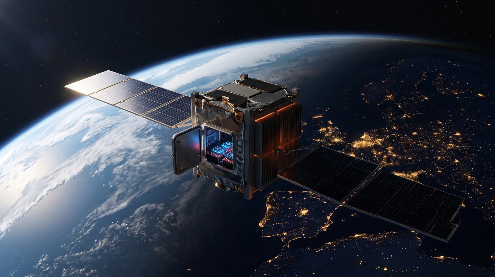 A small research satellite with solar wings orbiting above Earth along the day-night line, an open hatch showing glowing AI chips