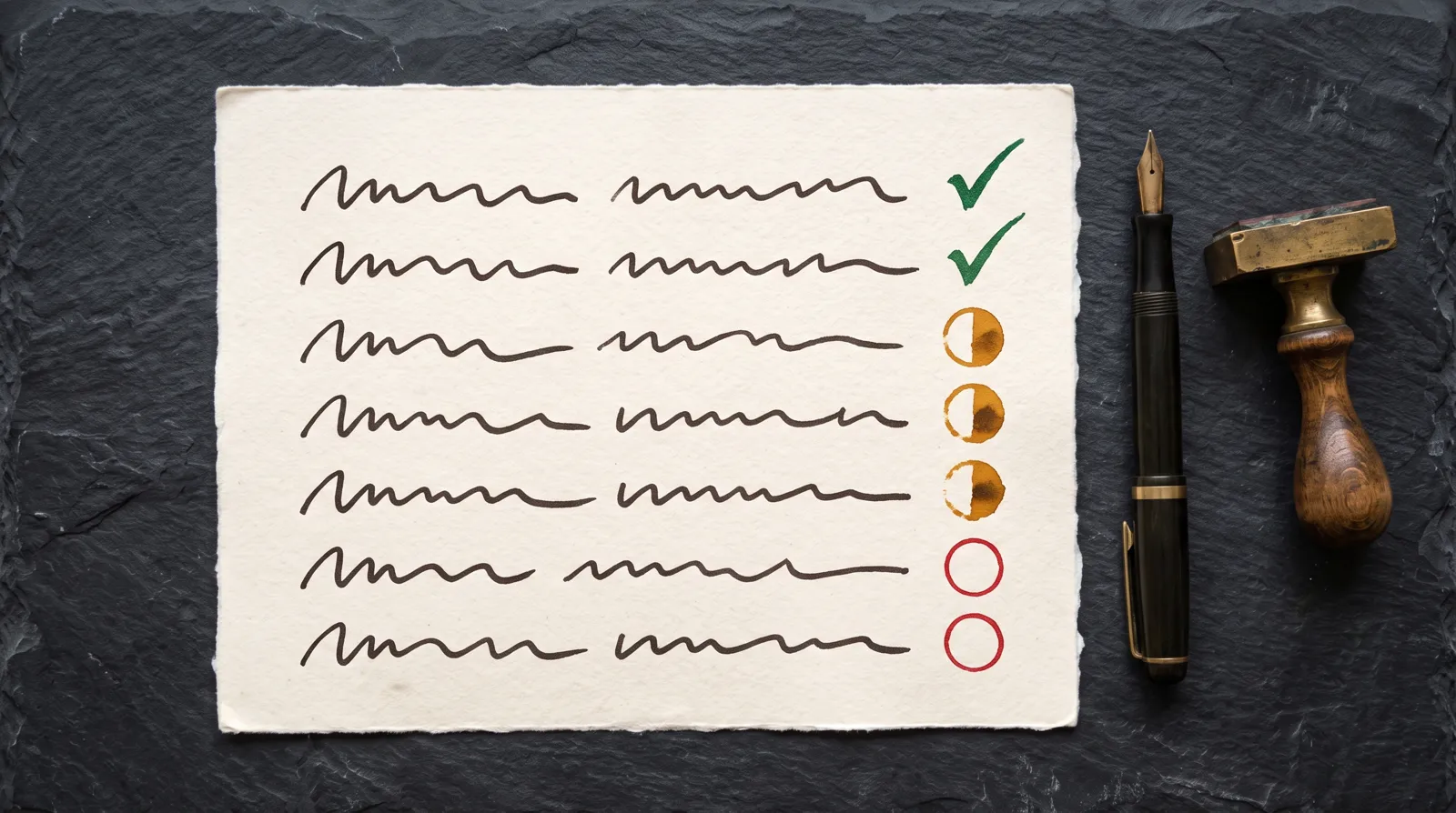 A cream checklist card on slate with seven rows ending in green ticks, half-filled amber circles and empty red circles, next to a fountain pen and a brass stamp