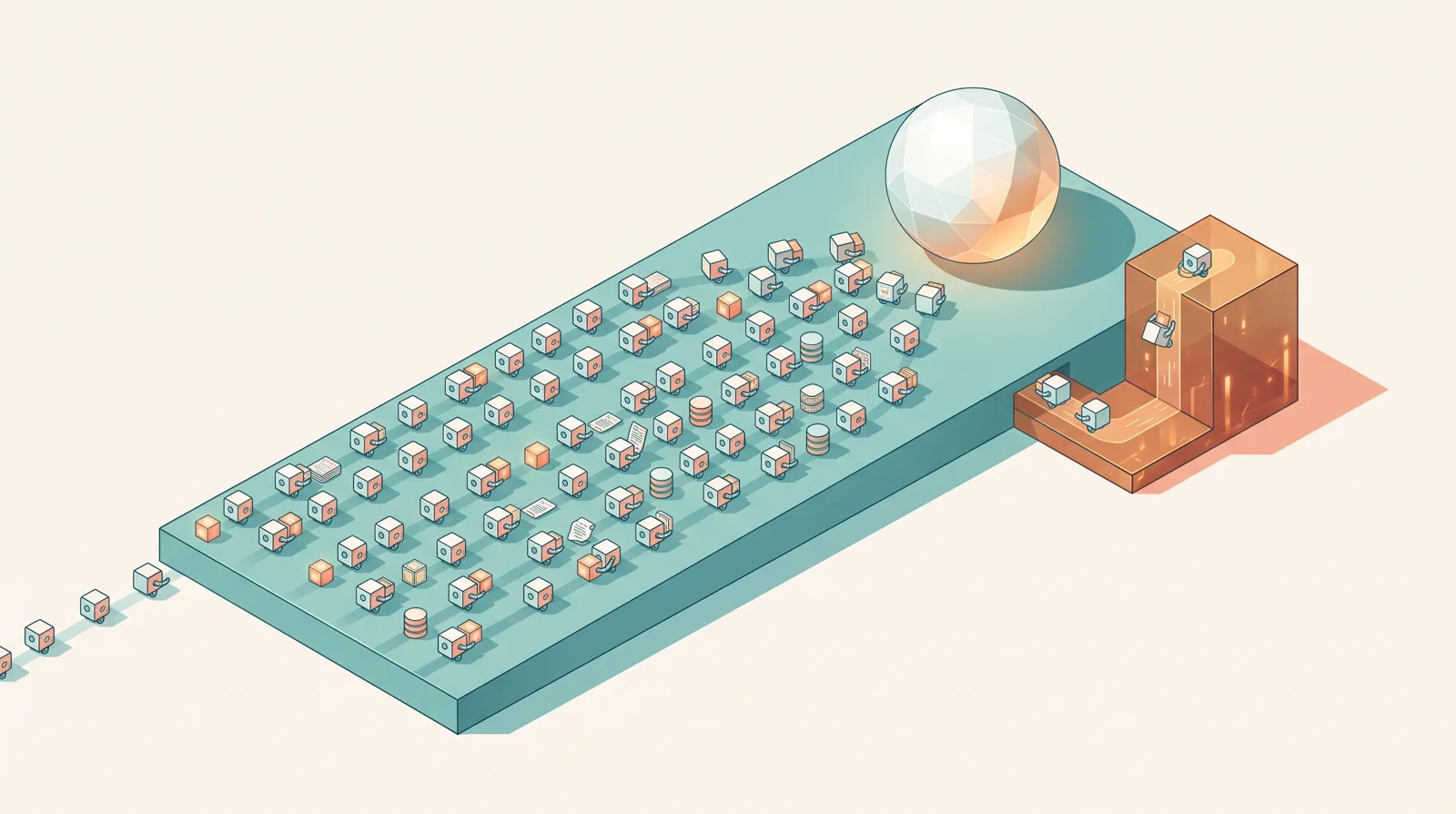 Isometric illustration of dozens of small cube robots carrying documents and database parcels across a long low teal plateau