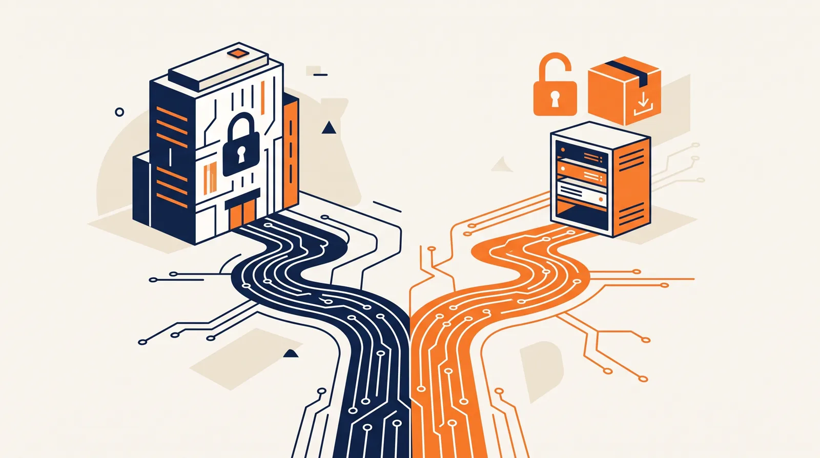 A circuit-trace road splits toward a locked cloud building and toward a small server rack with an open padlock