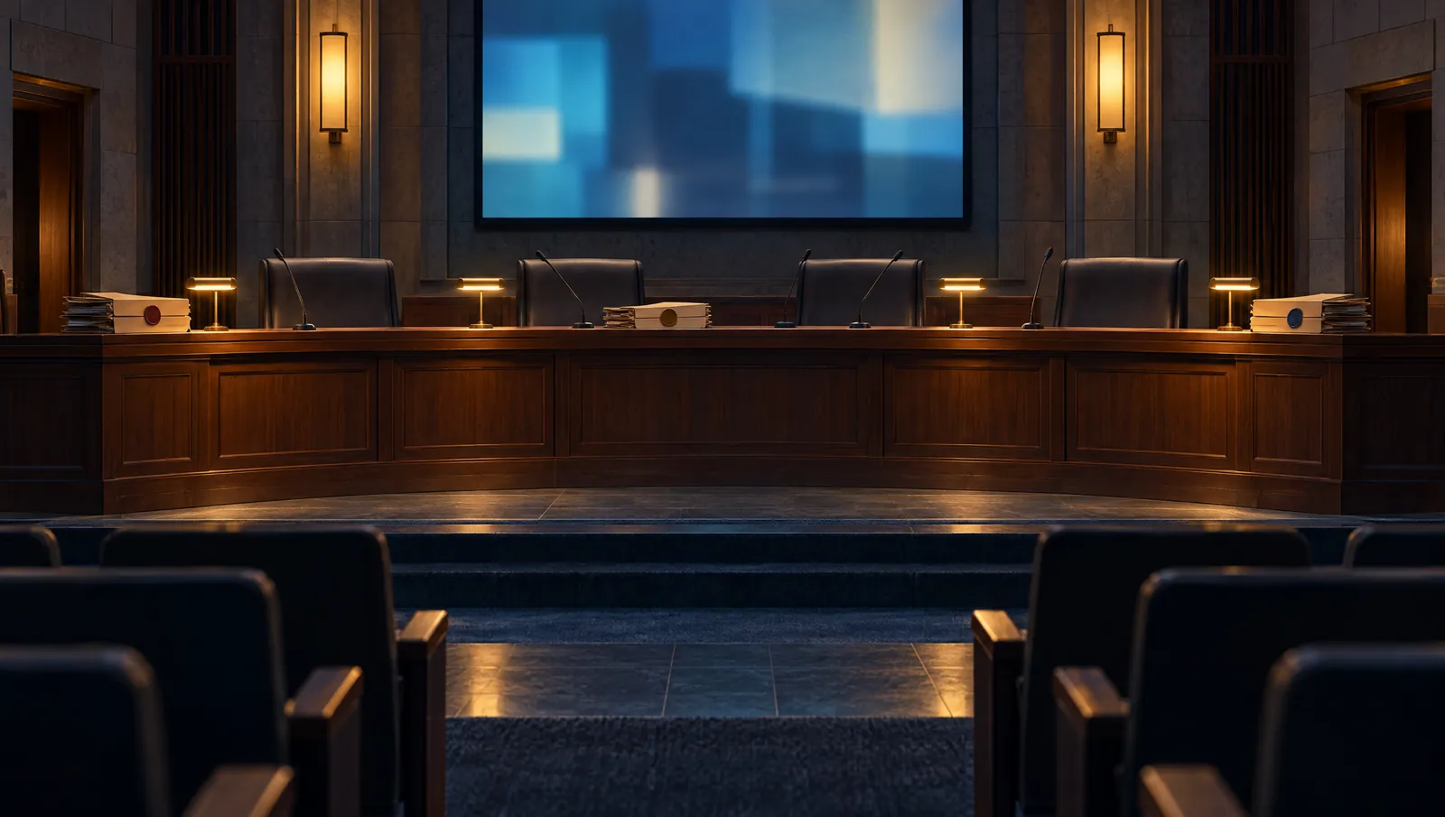 Empty council chamber with four chairs and microphones on a curved dais under amber lamps, sealed folders beside them