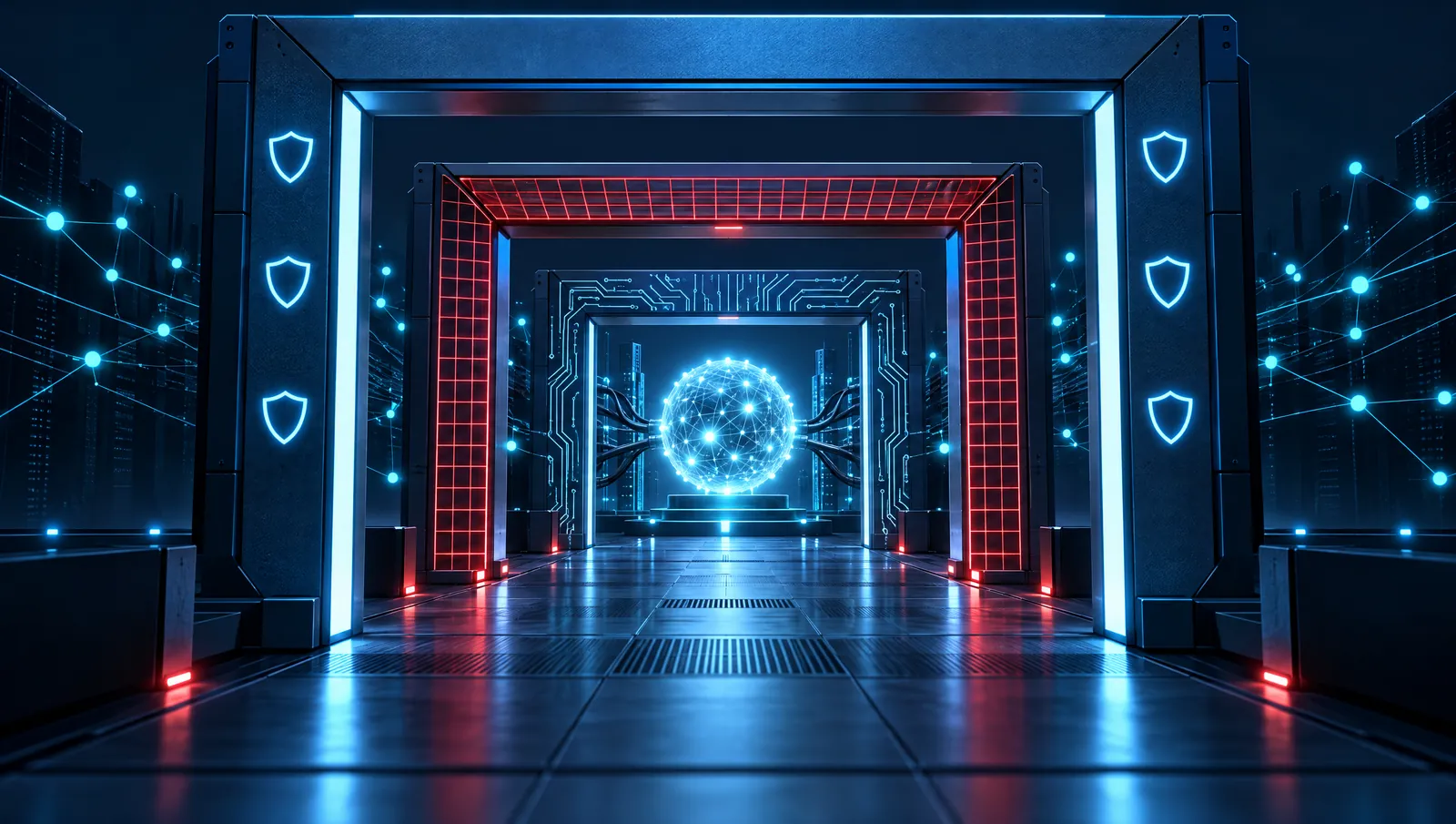 A glowing AI core seen through three nested gates marked with a shield, a red test grid and circuit patterns