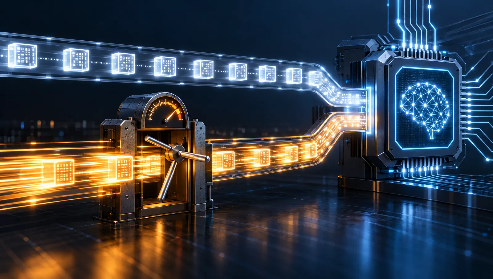 Two streams of code packets enter one AI chip; the bright fast lane passes through a metering turnstile with a dial